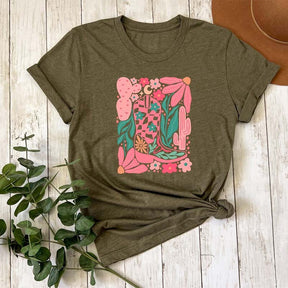 Boho Cowgirl Boot And Flowers T-shirt