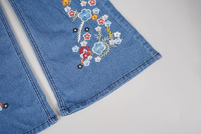Vintage Ethnic Style Floral Embroidery Flared Jeans