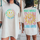 T-shirt d'été rétro, vagues de bateau, rayons de soleil, jours de lac