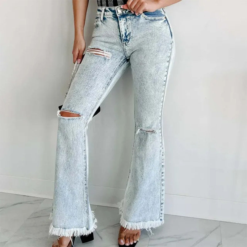 Mid Waist Washed Ripped Fray Flared Jeans