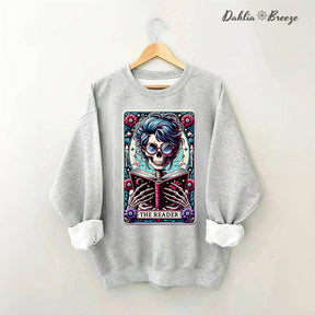 The Reader Tarot Card  Booktrovert Skull Sweatshirt