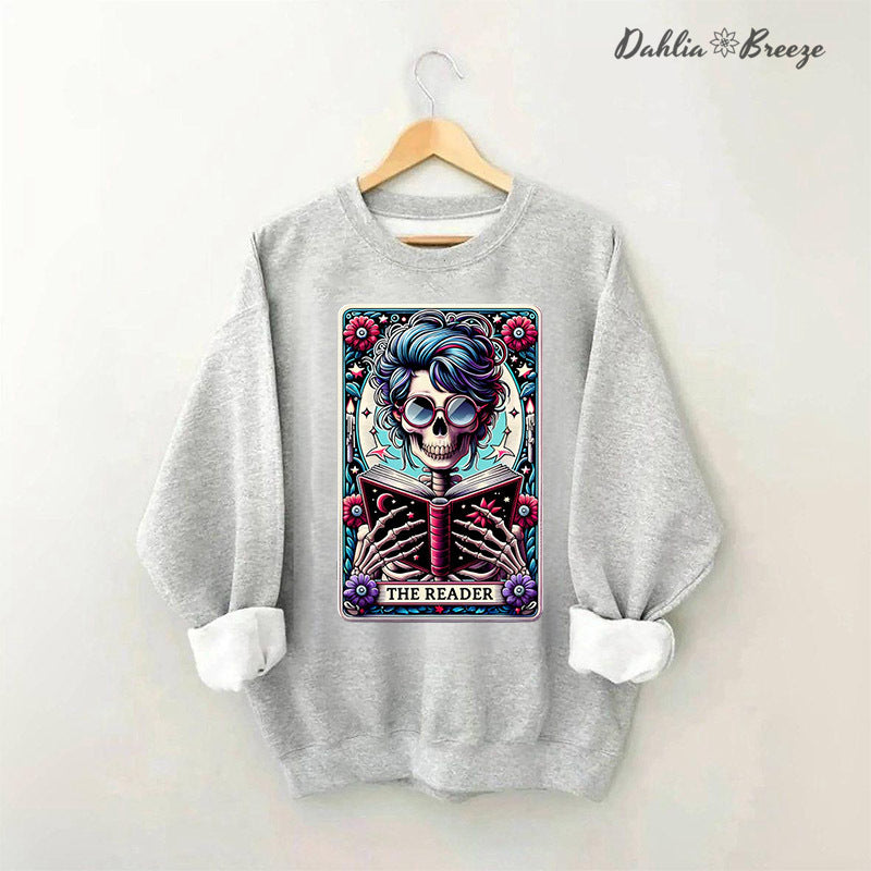 The Reader Tarot Card  Booktrovert Skull Sweatshirt