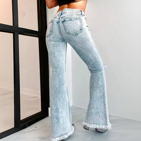 Mid Waist Washed Ripped Fray Flared Jeans