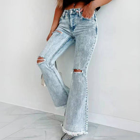 Mid Waist Washed Ripped Fray Flared Jeans