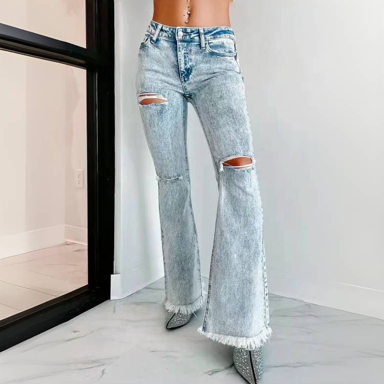 Mid Waist Washed Ripped Fray Flared Jeans