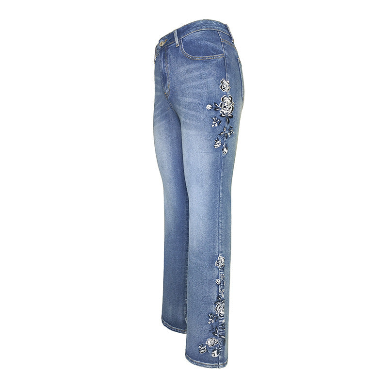 Casual Embroidered Floral Denim Jeans