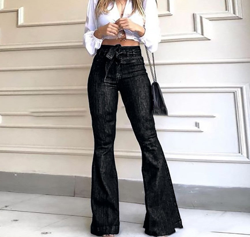 High-Waisted Lace-Up Flared Wide Jeans