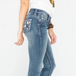 Embroidered Medium Waist Slim Jeans