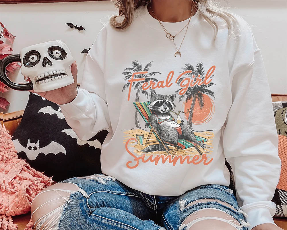 Feral Girl Summer Funny Raccoon Beach Sweatshirt