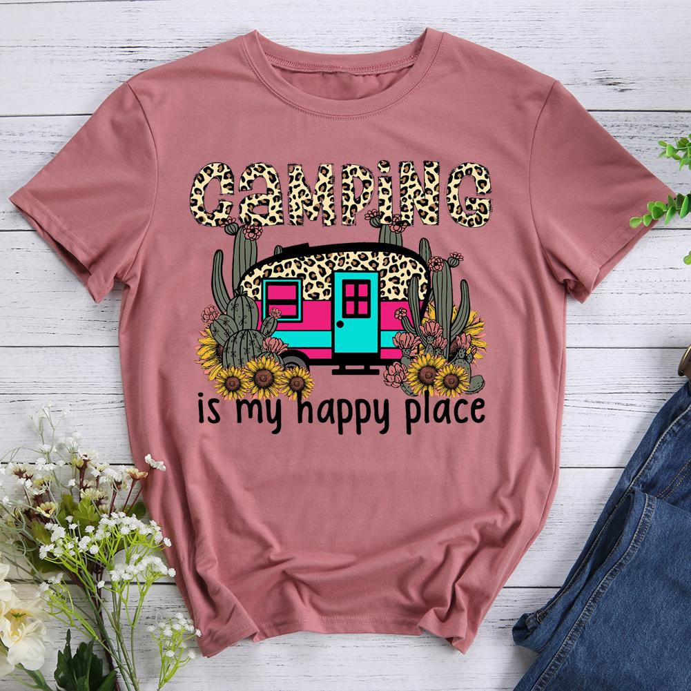 Camping Is My Happy Place Round Neck T-shirt