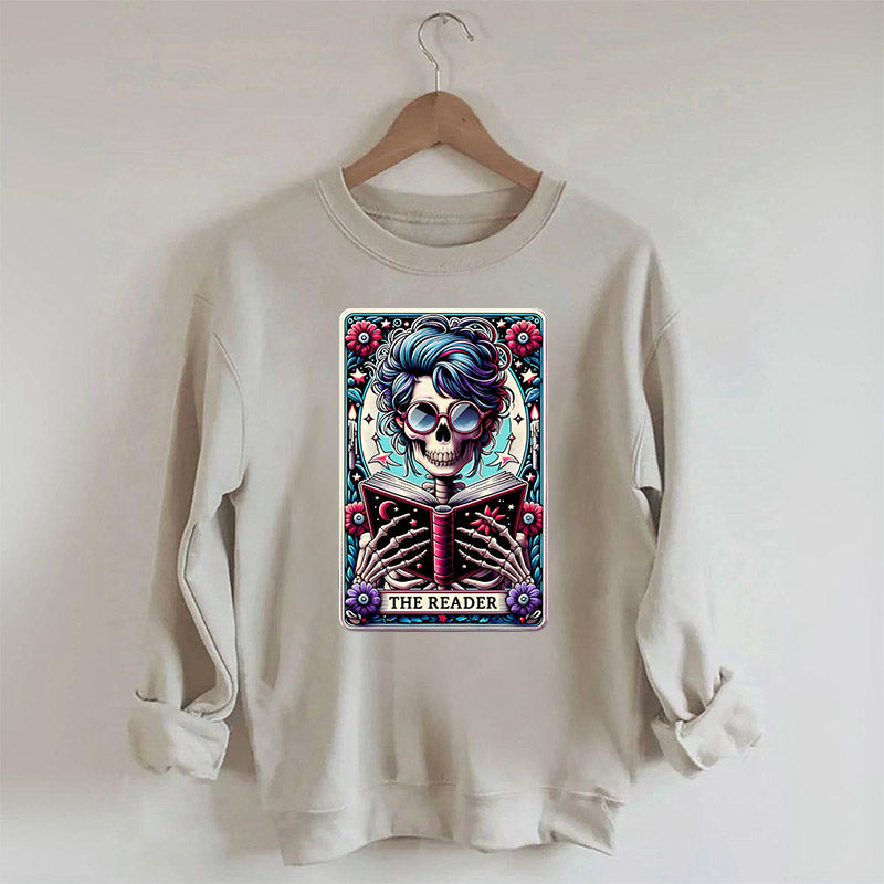 The Reader Tarot Card  Booktrovert Skull Sweatshirt