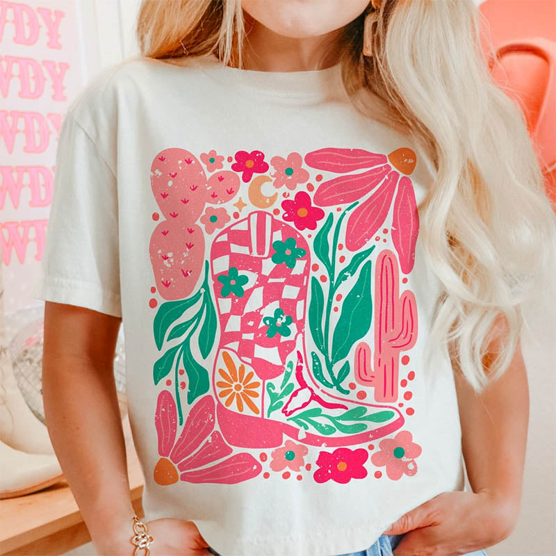 Boho Cowgirl Boot And Flowers T-shirt