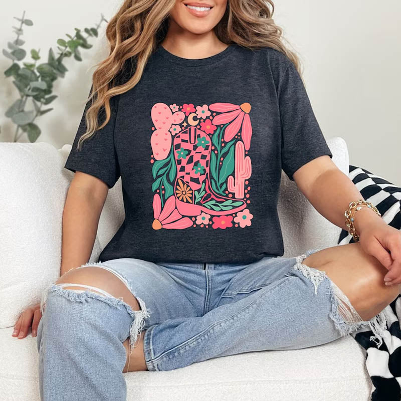 Boho Cowgirl Boot And Flowers T-shirt