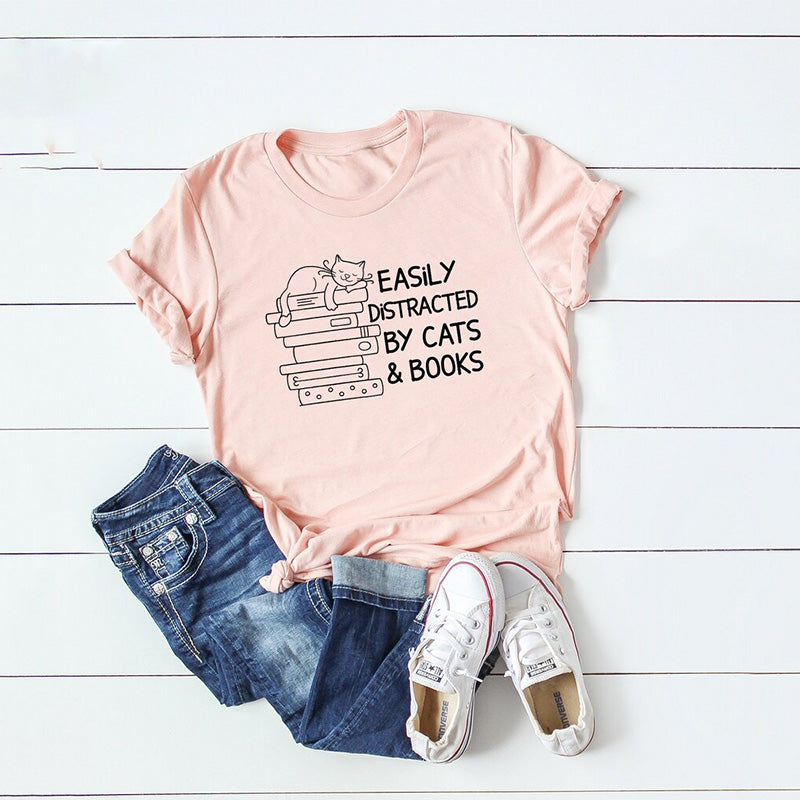 Easily Distracted By Cats And Books T-shirt