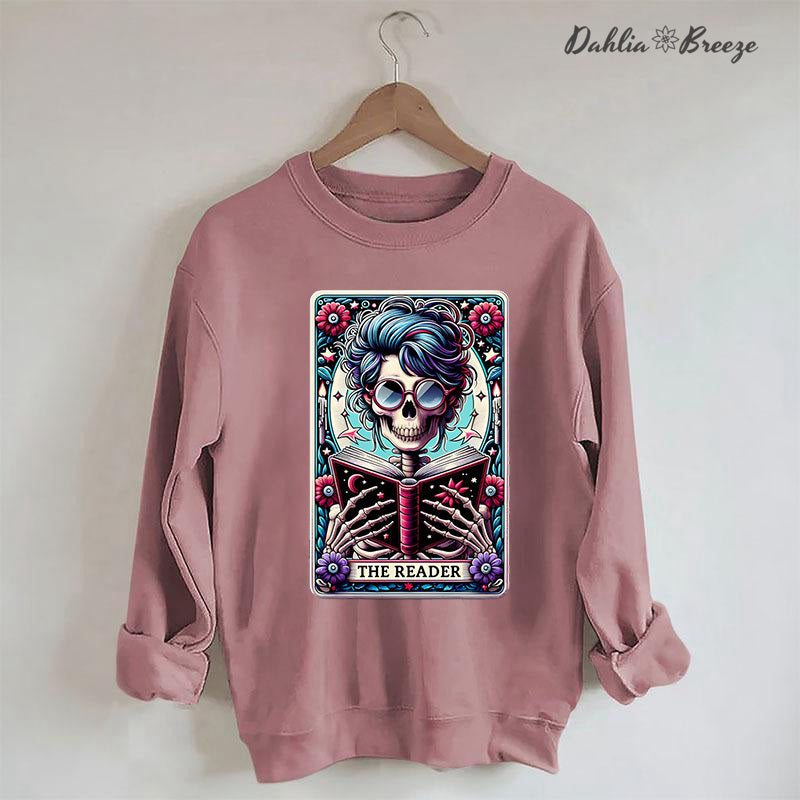 The Reader Tarot Card  Booktrovert Skull Sweatshirt