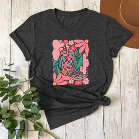 Boho Cowgirl Boot And Flowers T-shirt