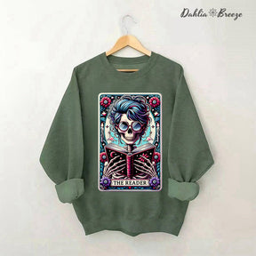 The Reader Tarot Card  Booktrovert Skull Sweatshirt