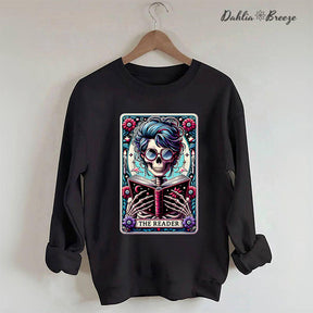 The Reader Tarot Card  Booktrovert Skull Sweatshirt