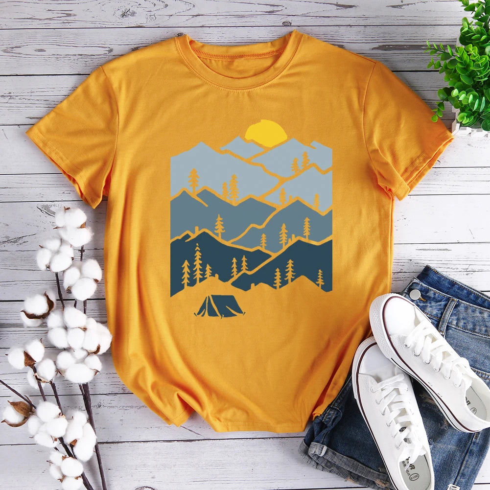 Mountain Forest Sunset Tent Camper Hiking T-shirt