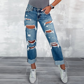 High Waist Slim Ripped Jeans