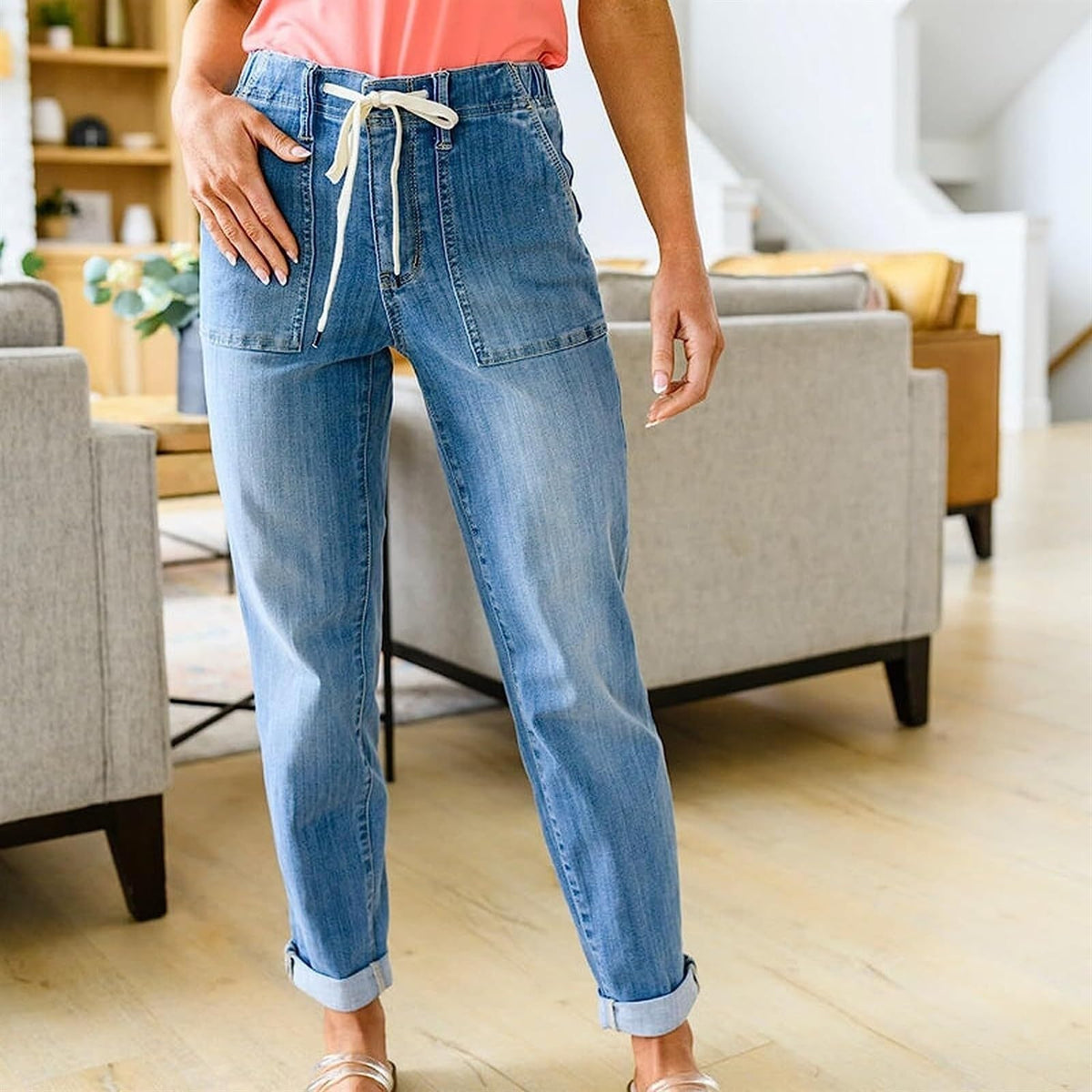 Straight Leg Drawstring Jeans