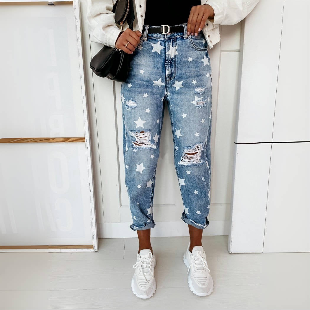 Slim Star Pattern Distressed Jeans