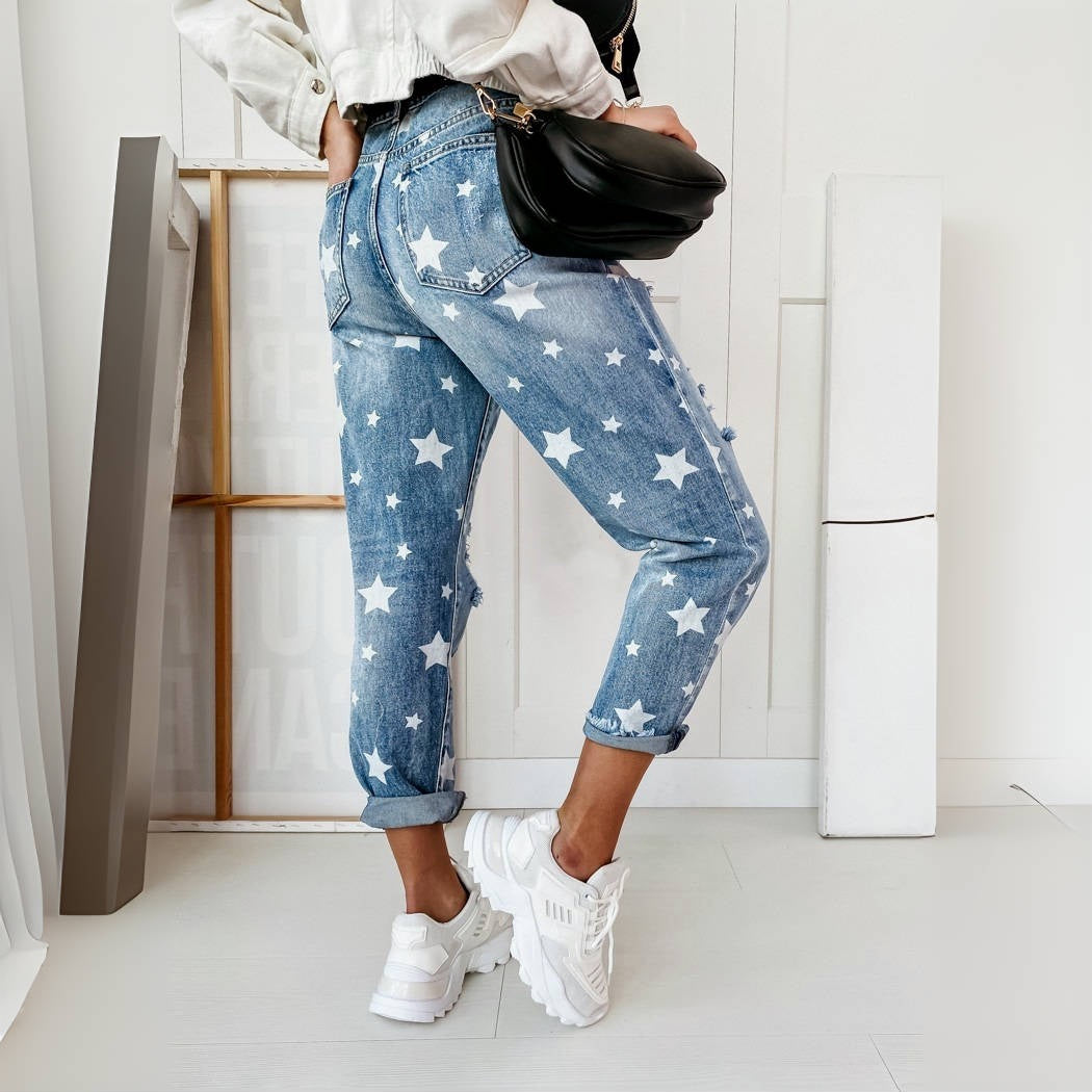 Slim Star Pattern Distressed Jeans