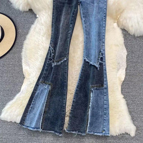 High Waist Stretch Raw Hem Stylish Patwork Jeans