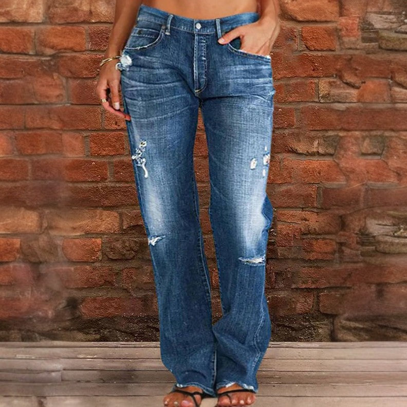 Mid-Waist Ripped Casual Straight-Leg Jeans