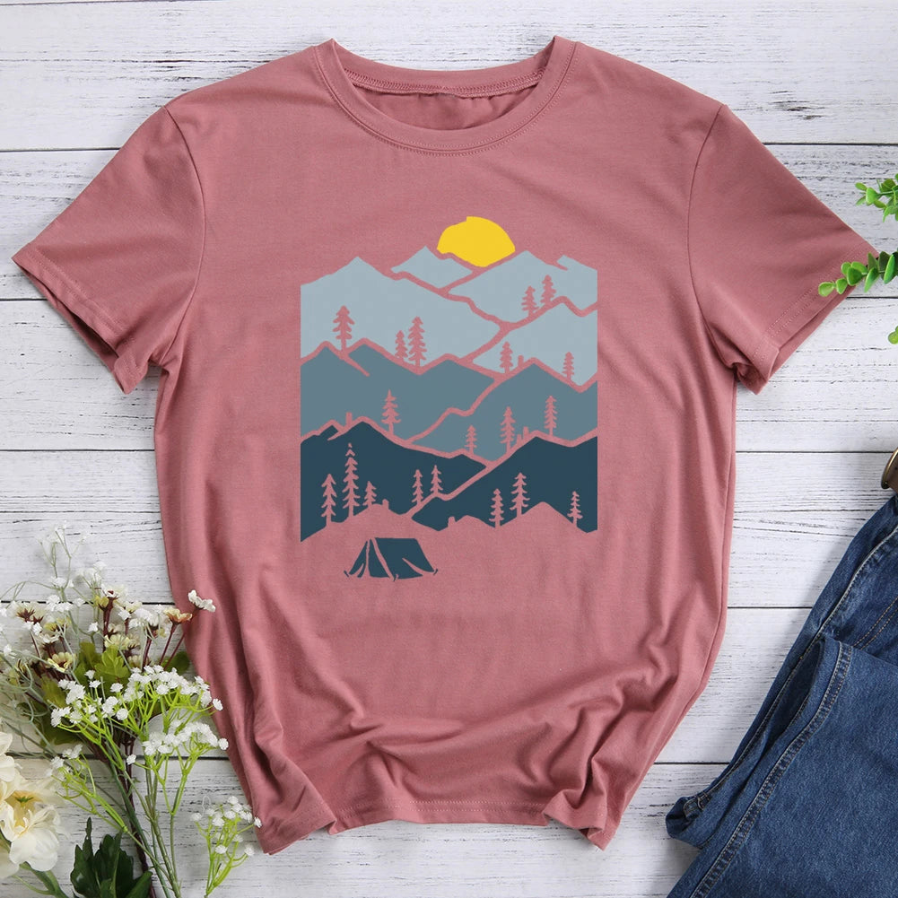 Mountain Forest Sunset Tent Camper Hiking T-shirt