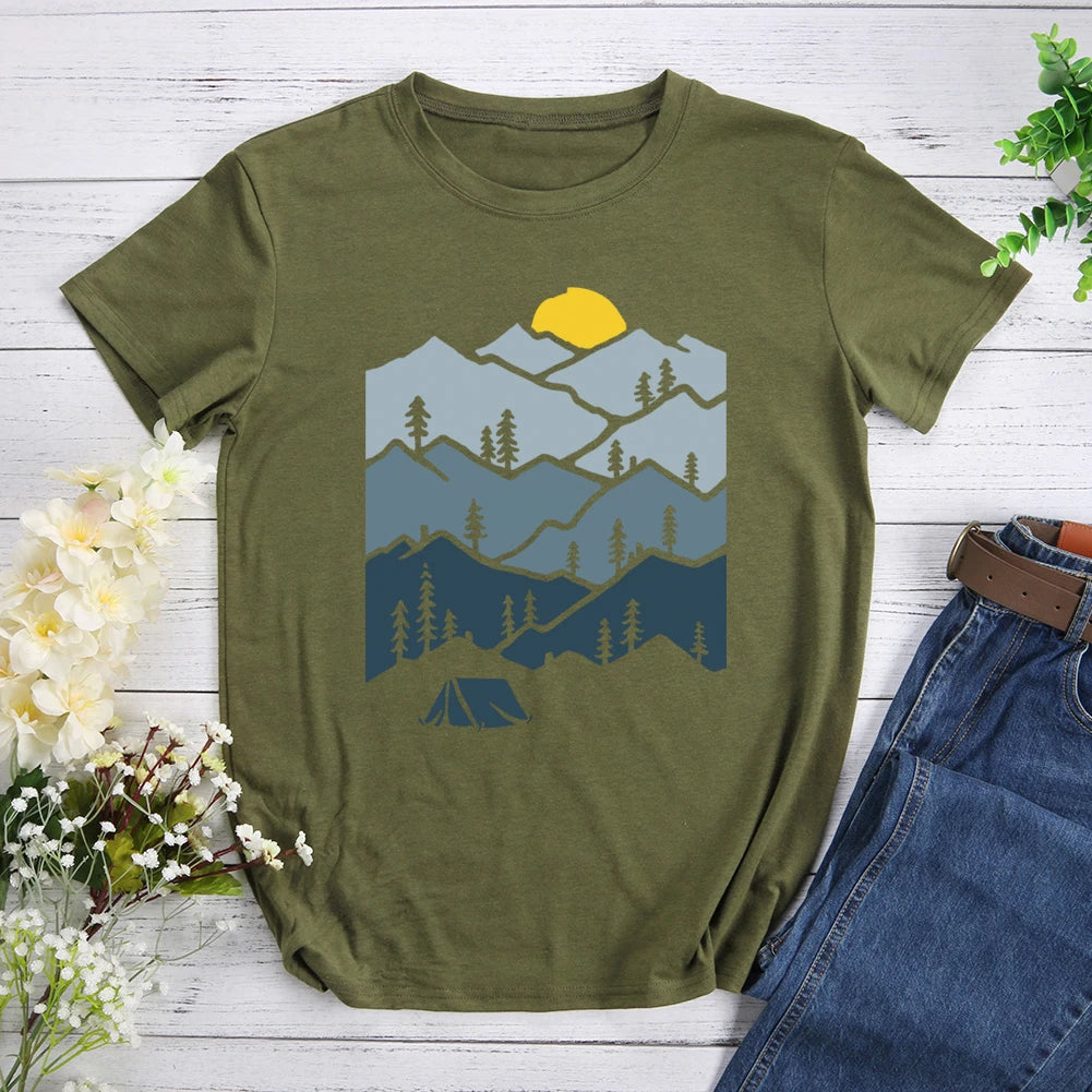 Mountain Forest Sunset Tent Camper Hiking T-shirt