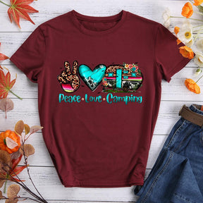 Peace Love Camping Round Neck T-shirt