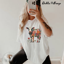 Boho Floral Cow Roses Print T-shirt