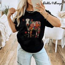 T-shirt Boho Floral Vache Roses Imprimé