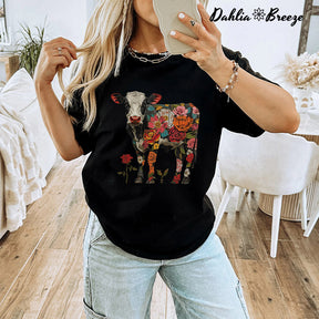 Boho Floral Cow Roses Print T-shirt