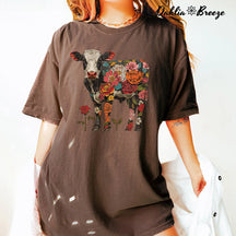 T-shirt Boho Floral Vache Roses Imprimé