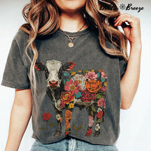 T-shirt Boho Floral Vache Roses Imprimé