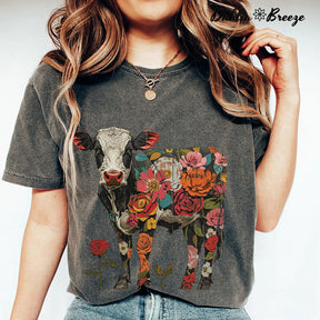 Boho Floral Cow Roses Print T-shirt