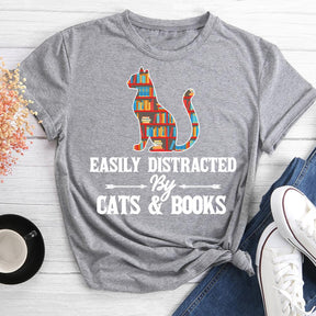 Cat And Book Round Neck T-shirt