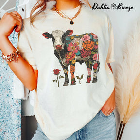 T-shirt Boho Floral Vache Roses Imprimé