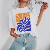 T-shirt Boho Botanique Bleu et Orange Fleurs Sauvages