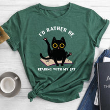 I'd Rather Be Reading With My Cat Round Neck T-shirt